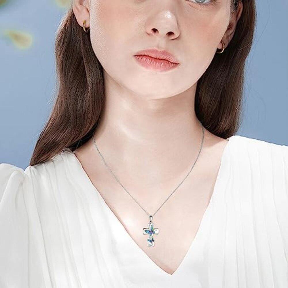 Sterling Silver Cross Butterfly Pendant Necklace Elegant Faith Symbol Jewelry - Picture 7 of 8